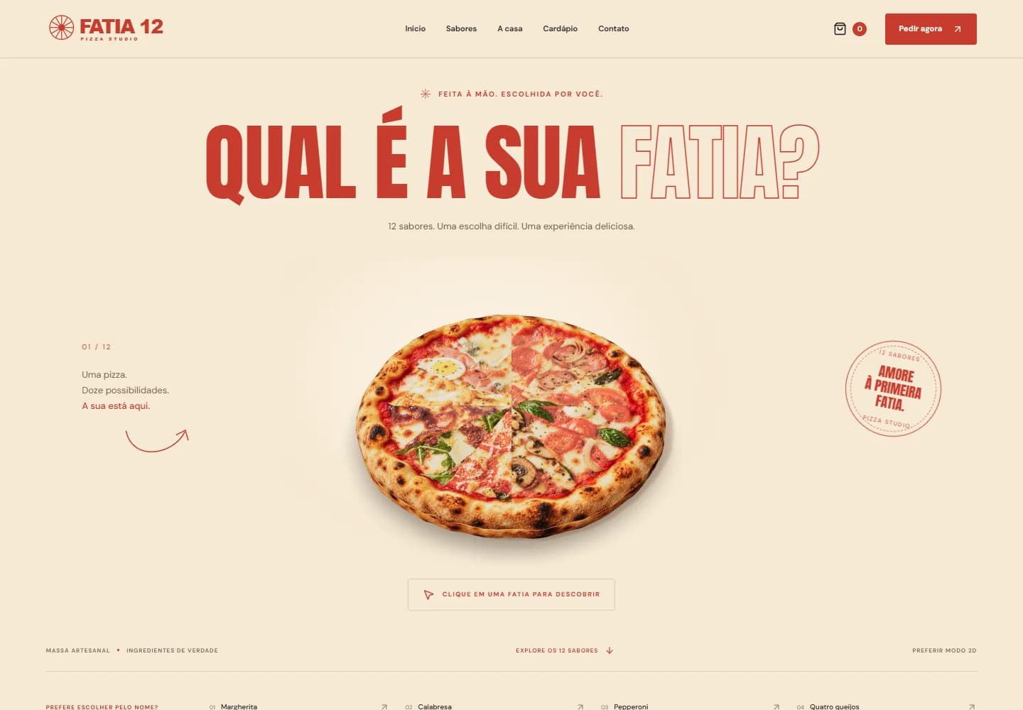 Hero real do FATIA 12, com o título Qual é a sua fatia, marca Pizza Studio e pizza 3D dividida em 12 sabores sobre fundo creme