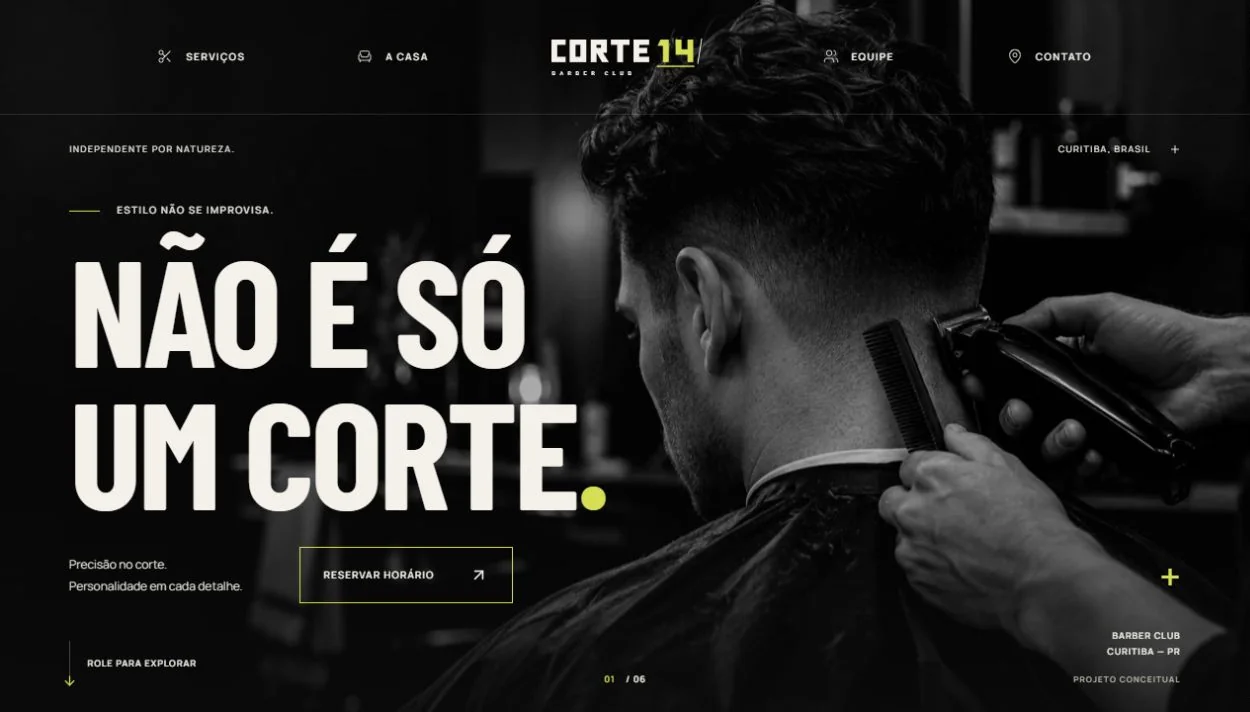 Página inicial do Corte 14 com o título Não é só um corte, fotografia em preto e branco e botão Reservar horário